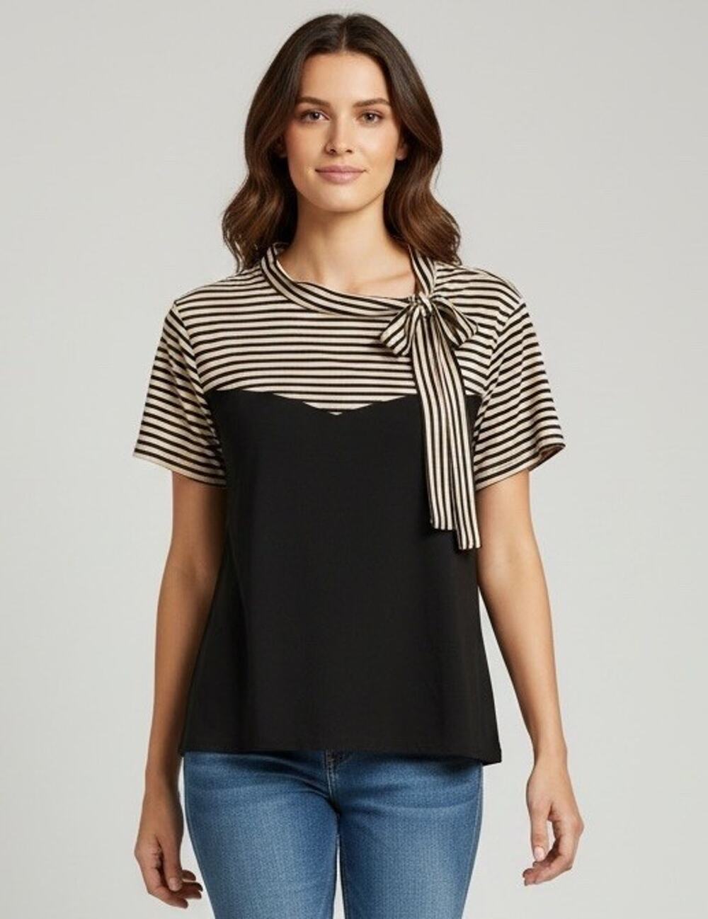 Diana Belle Women’s Blouse Black Beige Striped Neck Tie Bow Short Sleeve Chic XL